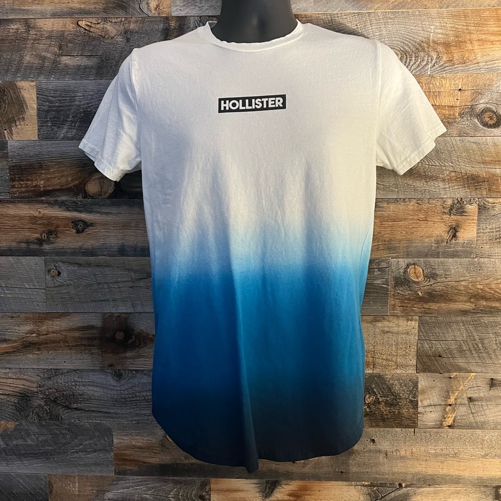 HOLLISTER Curved Hem Gradient White to Blue Graphic Tee